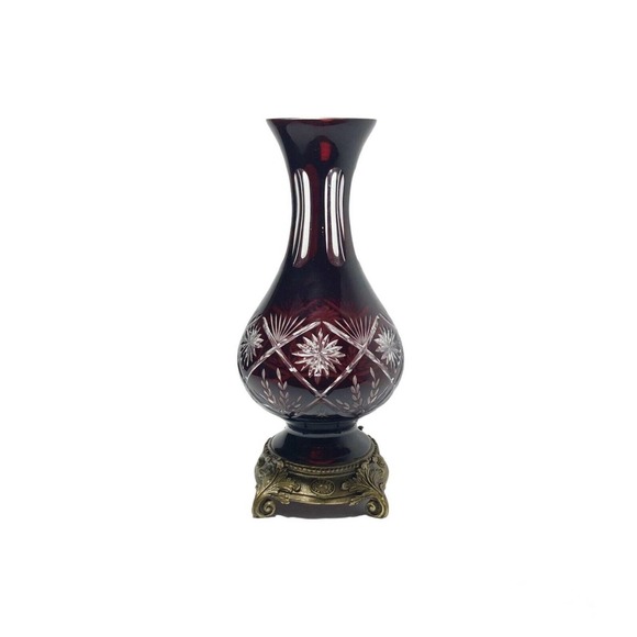 1970s Vintage Ruby Red Cut-to-Clear Tall Crystal Vase, Footed Bronze Stand 12”
